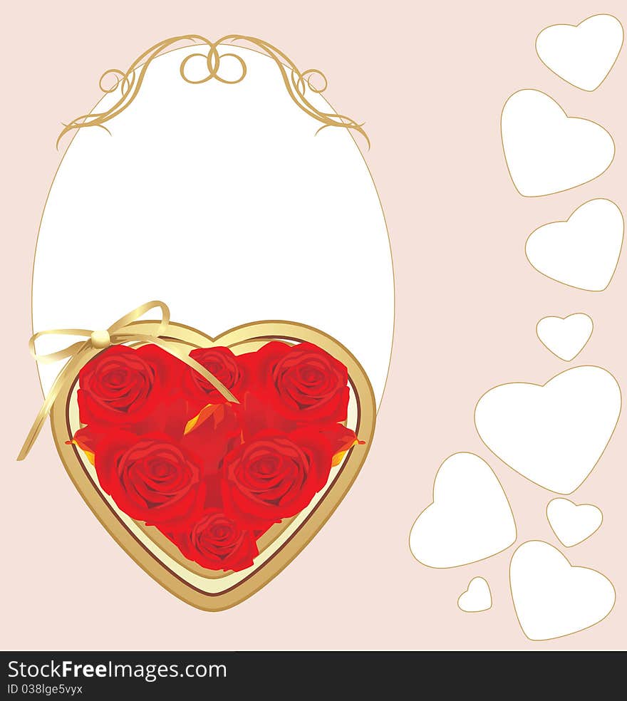 Heart with red roses. Valentines card. Illustration