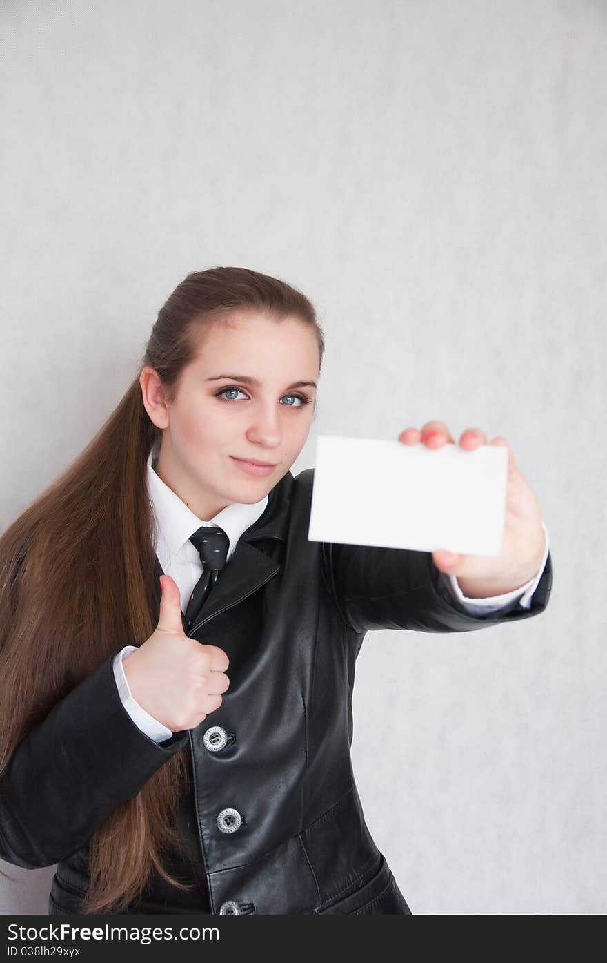 Happy girl with business card. Happy girl with business card