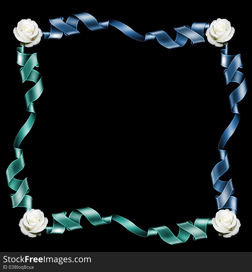 a black background with a frame of green , blue ribbons and white roses flowers in each corner. a black background with a frame of green , blue ribbons and white roses flowers in each corner