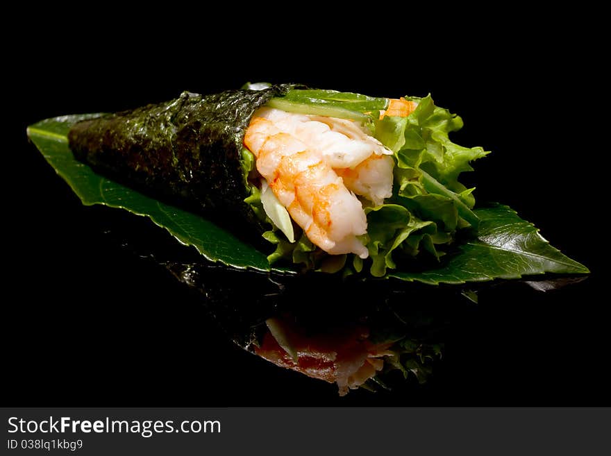 Japanese seafood on black background