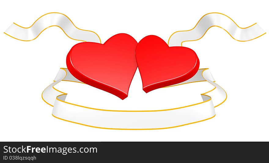 Two hearts with a gold ribbon on a white background