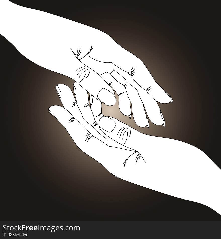 Two hands on dark background