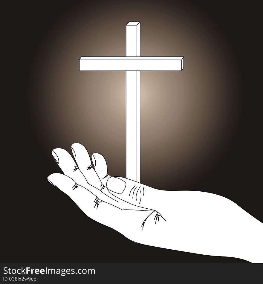 Cross and hand on  dark background. Cross and hand on  dark background