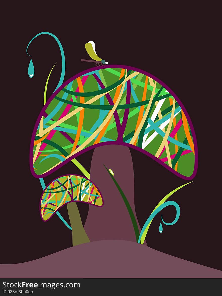 Vector illustration with Magic mushrooms and dragonfly