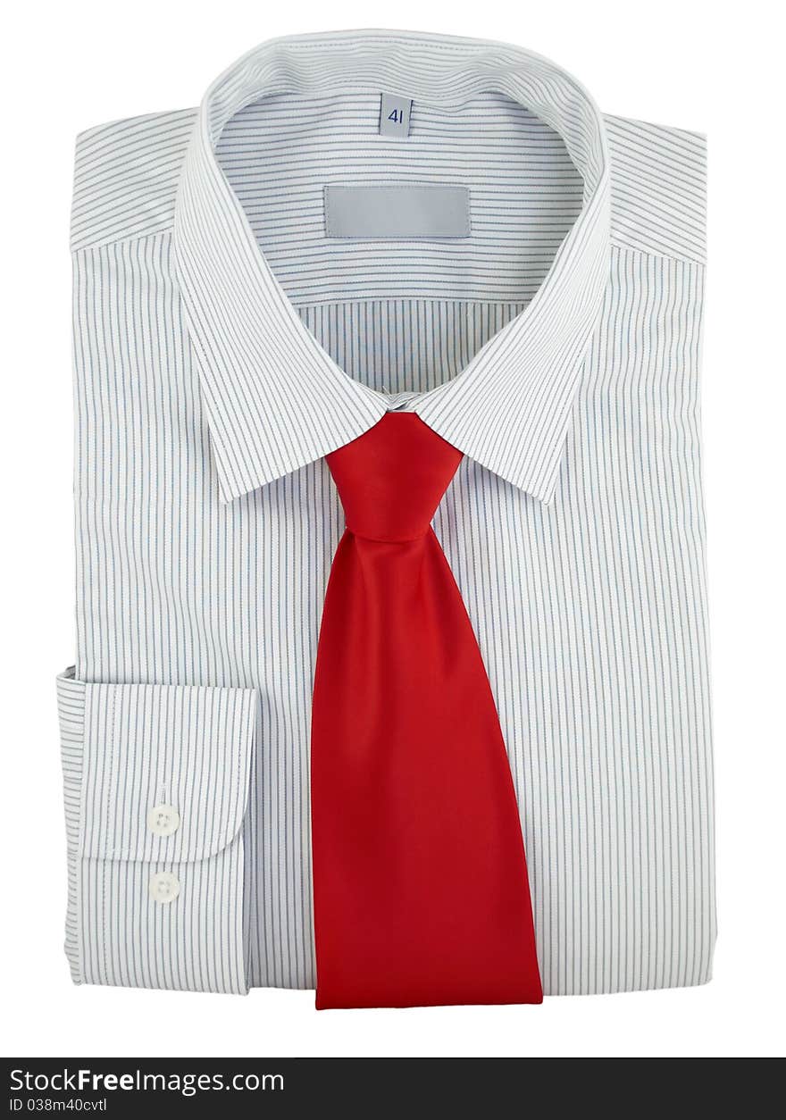 Striped shirt with red silk necktie on a white