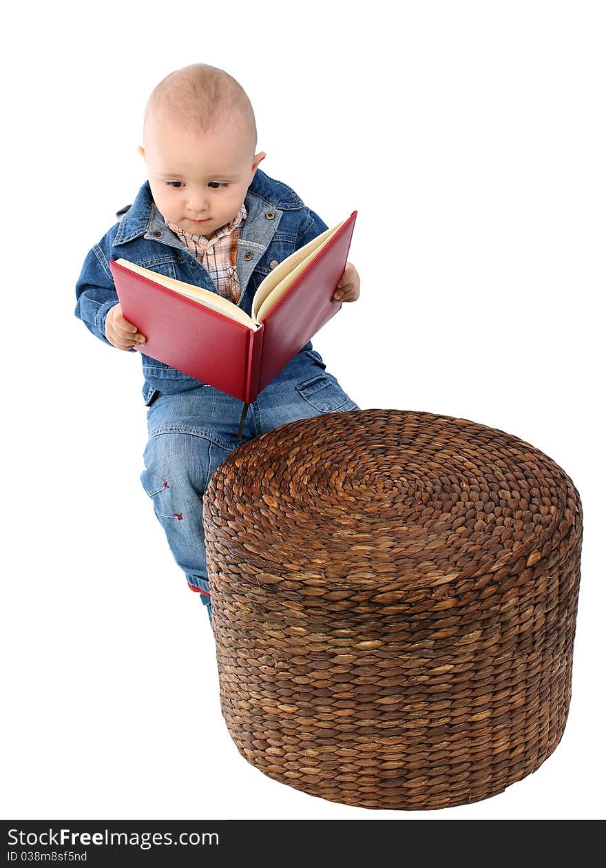 Baby boy reading book on white background. Baby boy reading book on white background