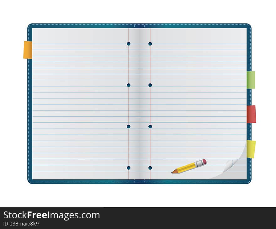 An open notebook with pencil, isolated on a white background. Editable illustration. An open notebook with pencil, isolated on a white background. Editable illustration.