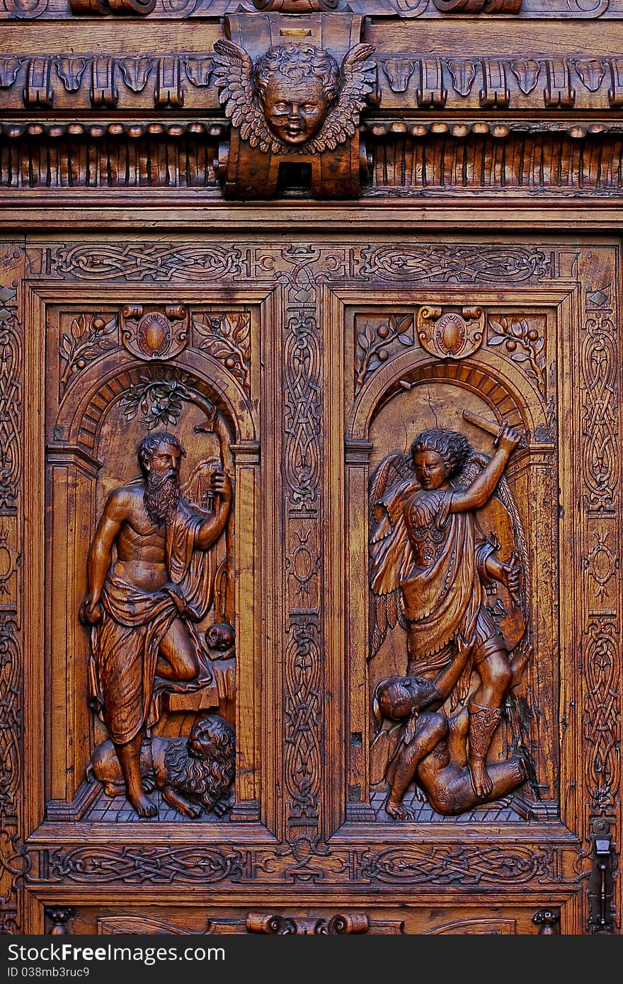 Wooden carved door close-up