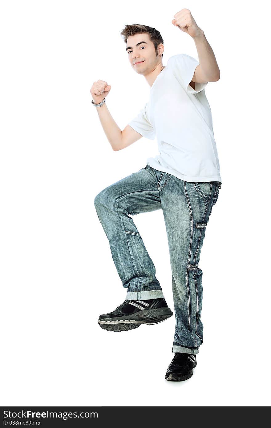 Portrait of an emotional young man. Isolated over white background.