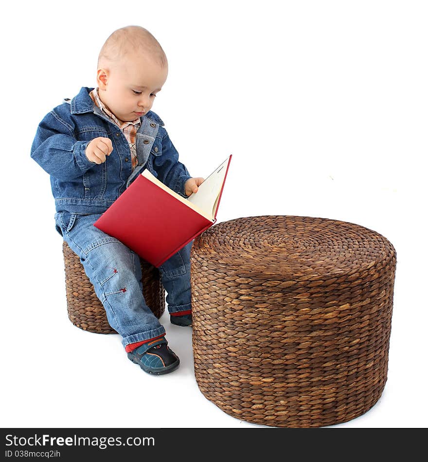 Baby boy reading book on white background. Baby boy reading book on white background