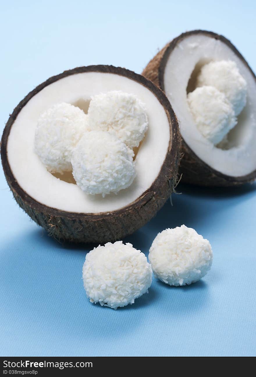 Homemade coconut sweets and fresh coconut. Homemade coconut sweets and fresh coconut