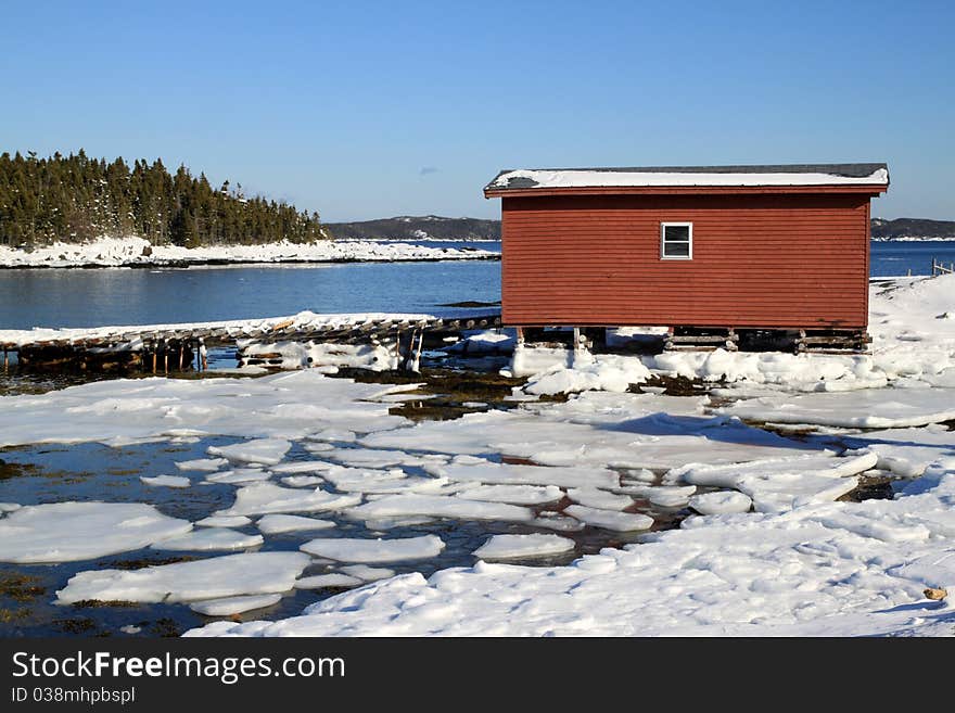 Fishing stages and wharf in winter