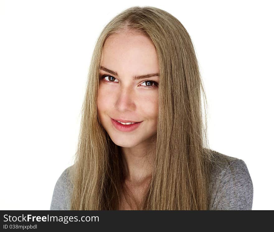 Portrait of attractive beautiful young girl posing on white background. Portrait of attractive beautiful young girl posing on white background