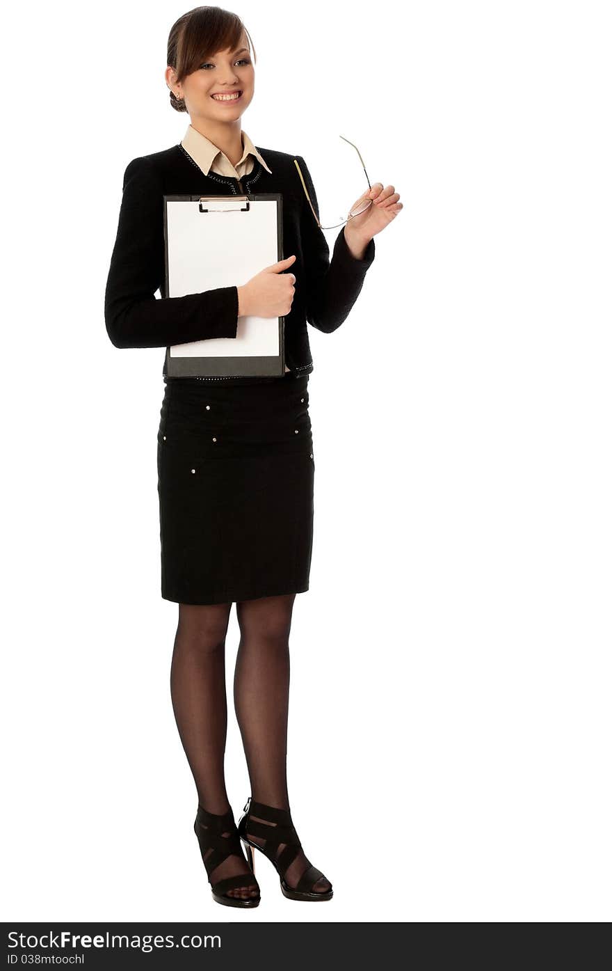 Woman holding clipboard with blank paper in the hand. Woman holding clipboard with blank paper in the hand