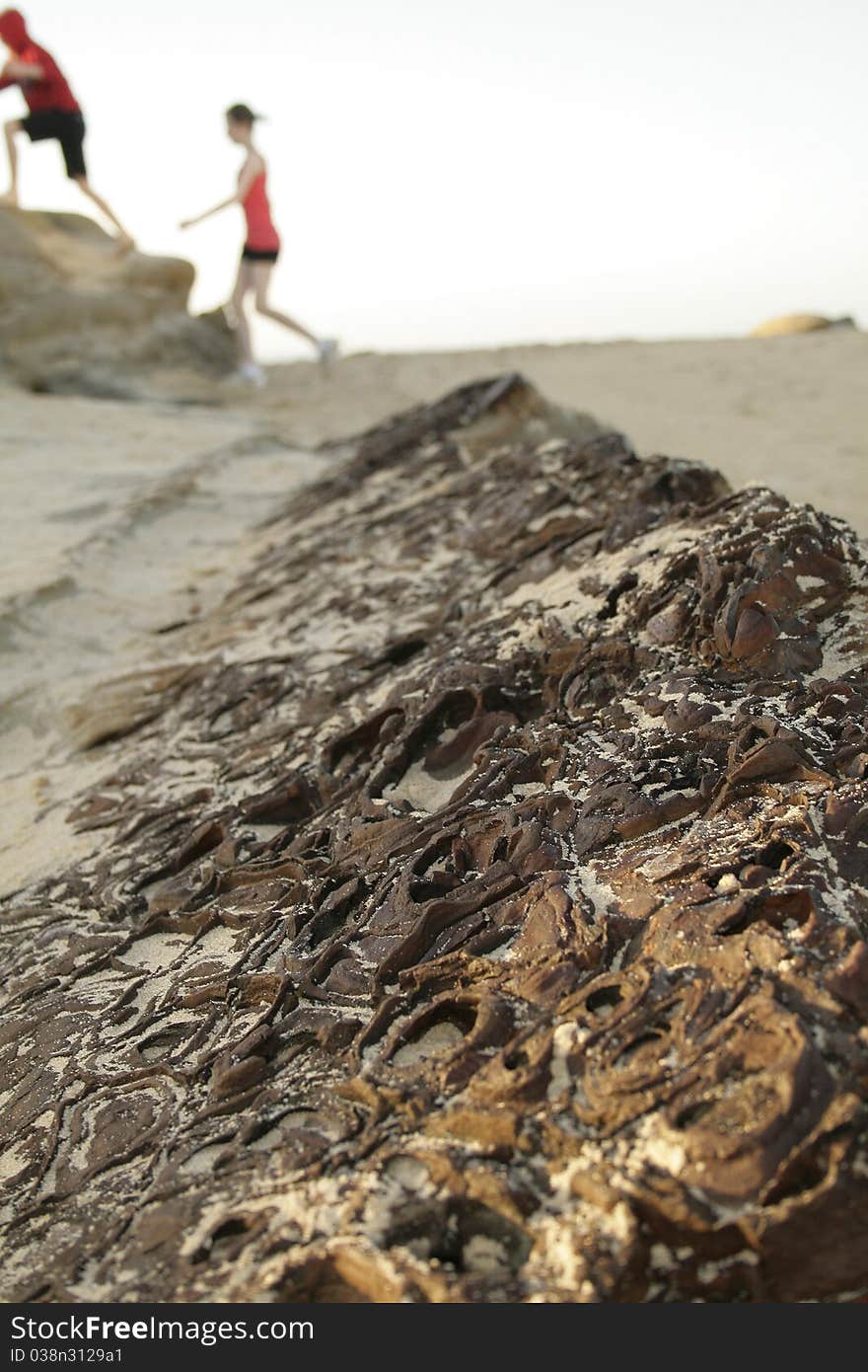 Beautiful Rock Formations in tha sand at Red Head Beach Australia