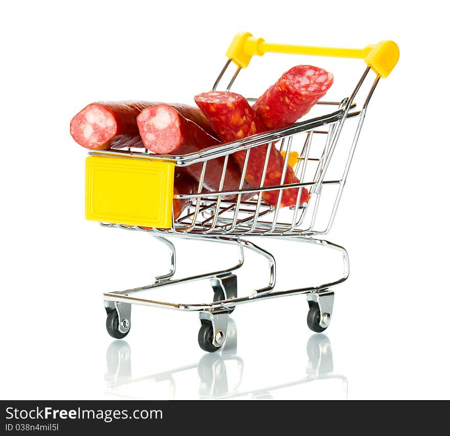 Salami sausage in the shopping cart. Isolated.