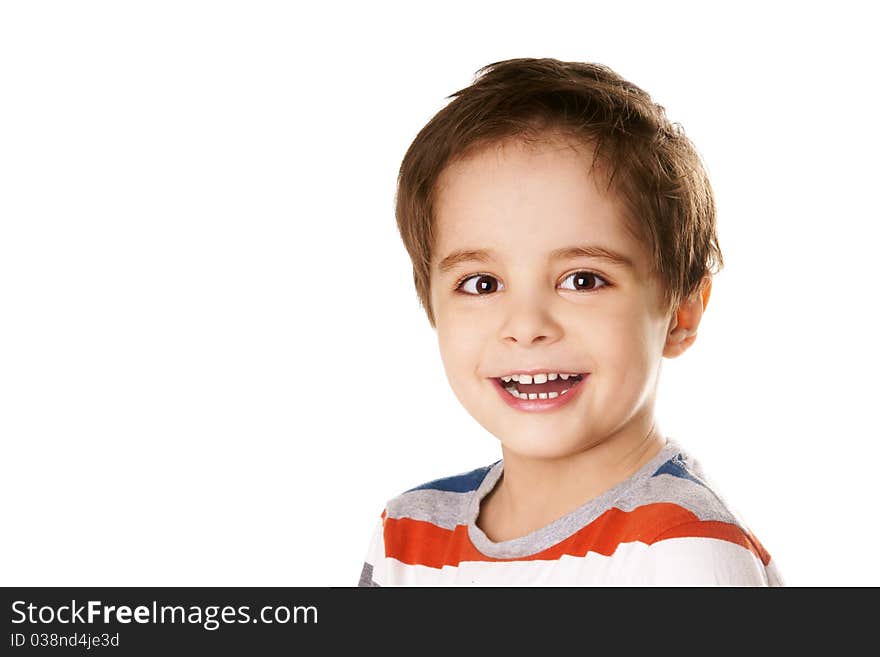 Portrait of happy joyful laughing little boy isolated on white background. Portrait of happy joyful laughing little boy isolated on white background