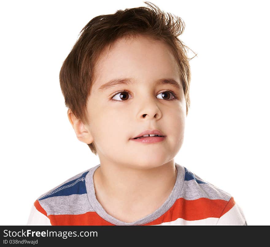 Portrait of thoughtful little smiling boy looking up on white background. Portrait of thoughtful little smiling boy looking up on white background