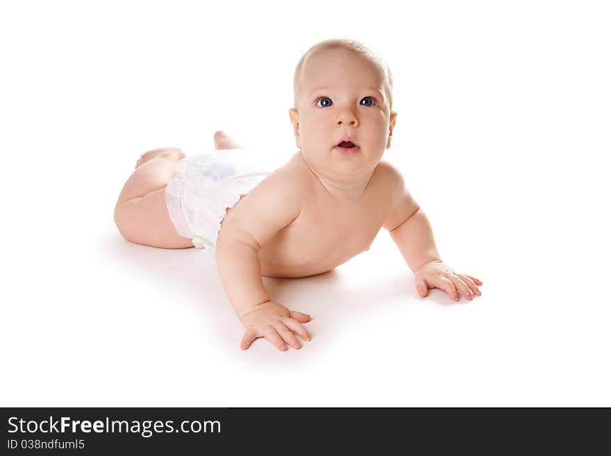 Little child, cute smiling baby boy isolated on white background