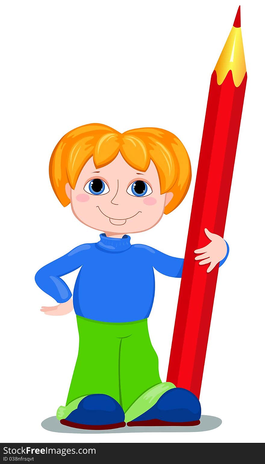 The boy holds a red pencil in his hand. Vector illustration. Isolated on white. The boy holds a red pencil in his hand. Vector illustration. Isolated on white.