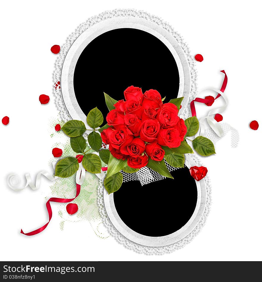 White valentine double frame with red roses on the white background