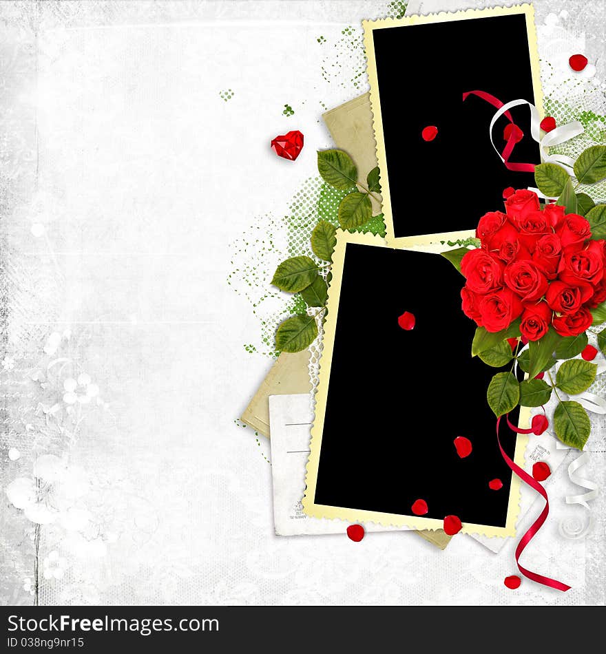 White frame with red roses on the white background