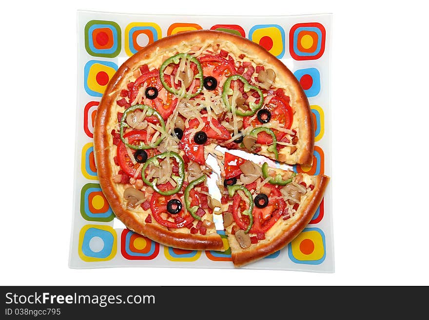 Pizza on glass colour plate Isolated on white background