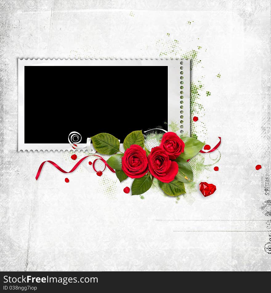 White frame with red roses and heart on the white background