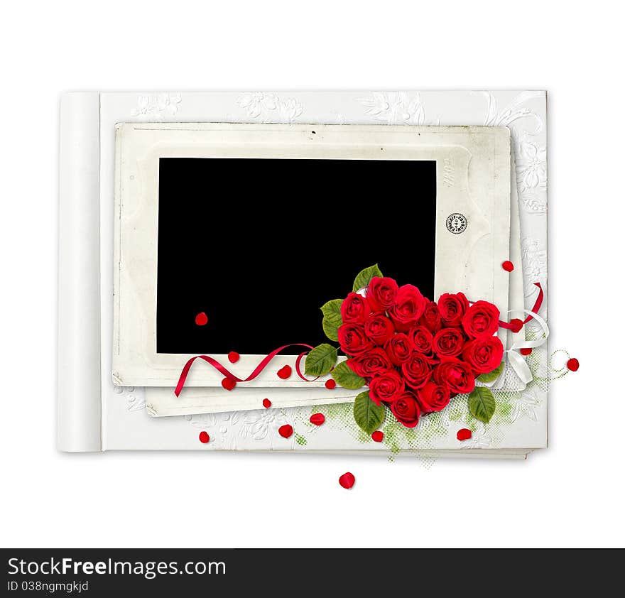 White beautiful album with red roses heart on the white background. White beautiful album with red roses heart on the white background