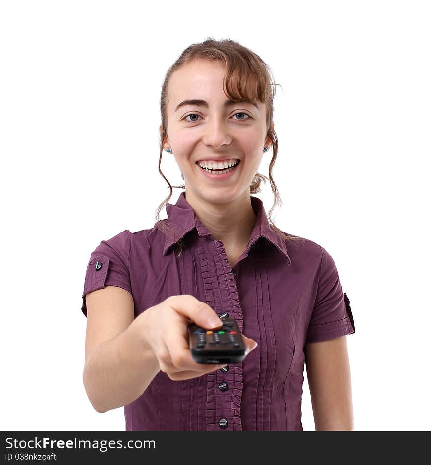 Woman changing the channel with the remote control. Woman changing the channel with the remote control