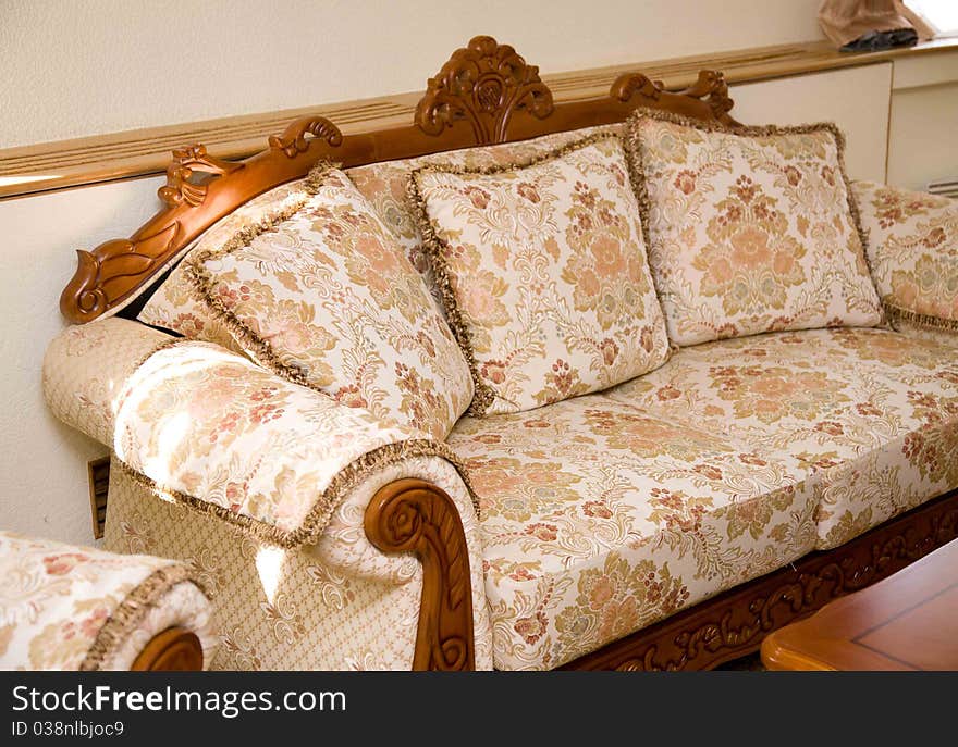 Hotel room with beautiful interior design. Sofa