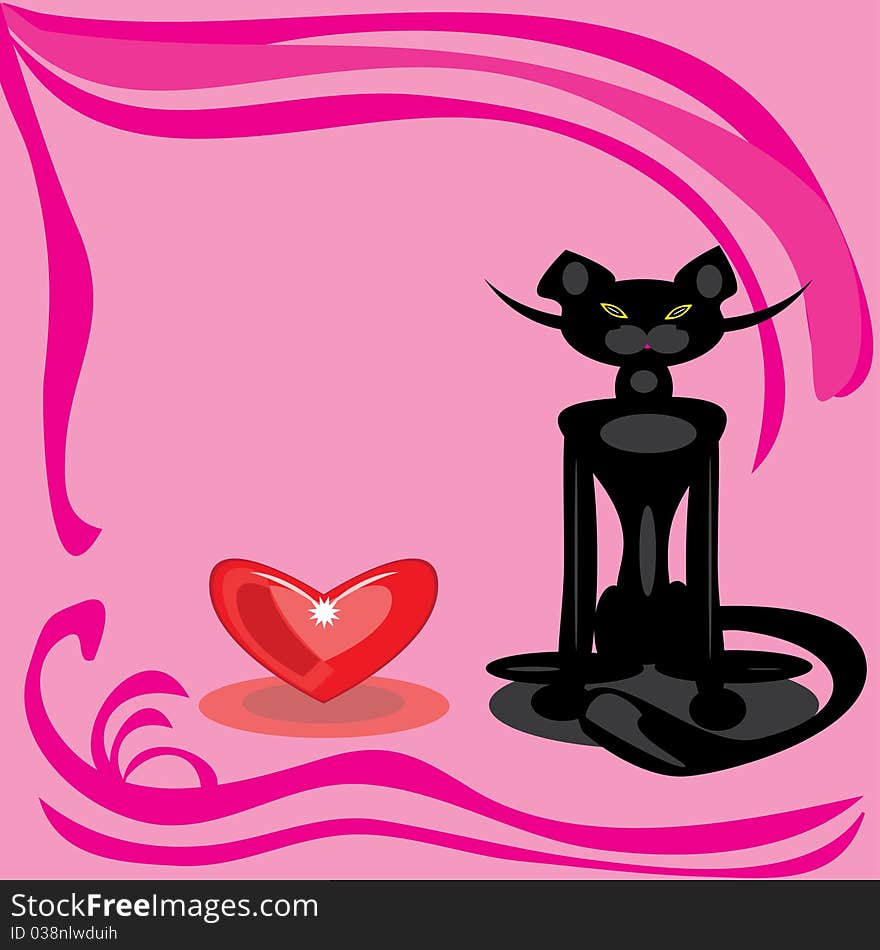 Black cat and heart on a pink background. Illustration