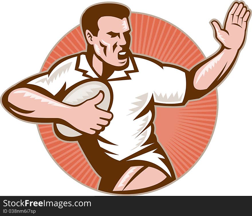 Illustration of a rugby player running with ball fending off with sunburst in background isolated on white done in retro woodcut style. Illustration of a rugby player running with ball fending off with sunburst in background isolated on white done in retro woodcut style