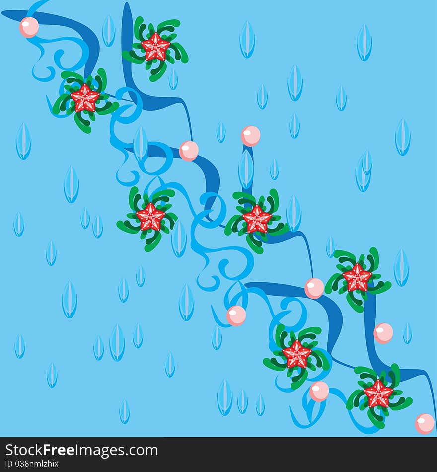 Abstract water background and branch with flowers on blue. Illustration