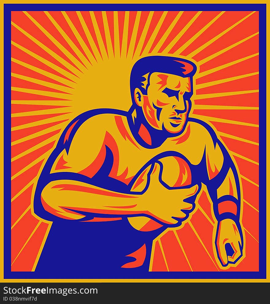 Illustration of a rugby player running with ball with sunburst in background done in retro woodcut style