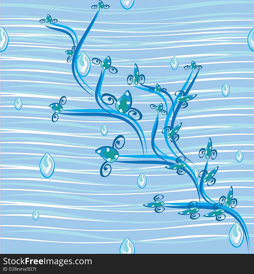 Abstract water background and branch with flowers on blue. Illustration