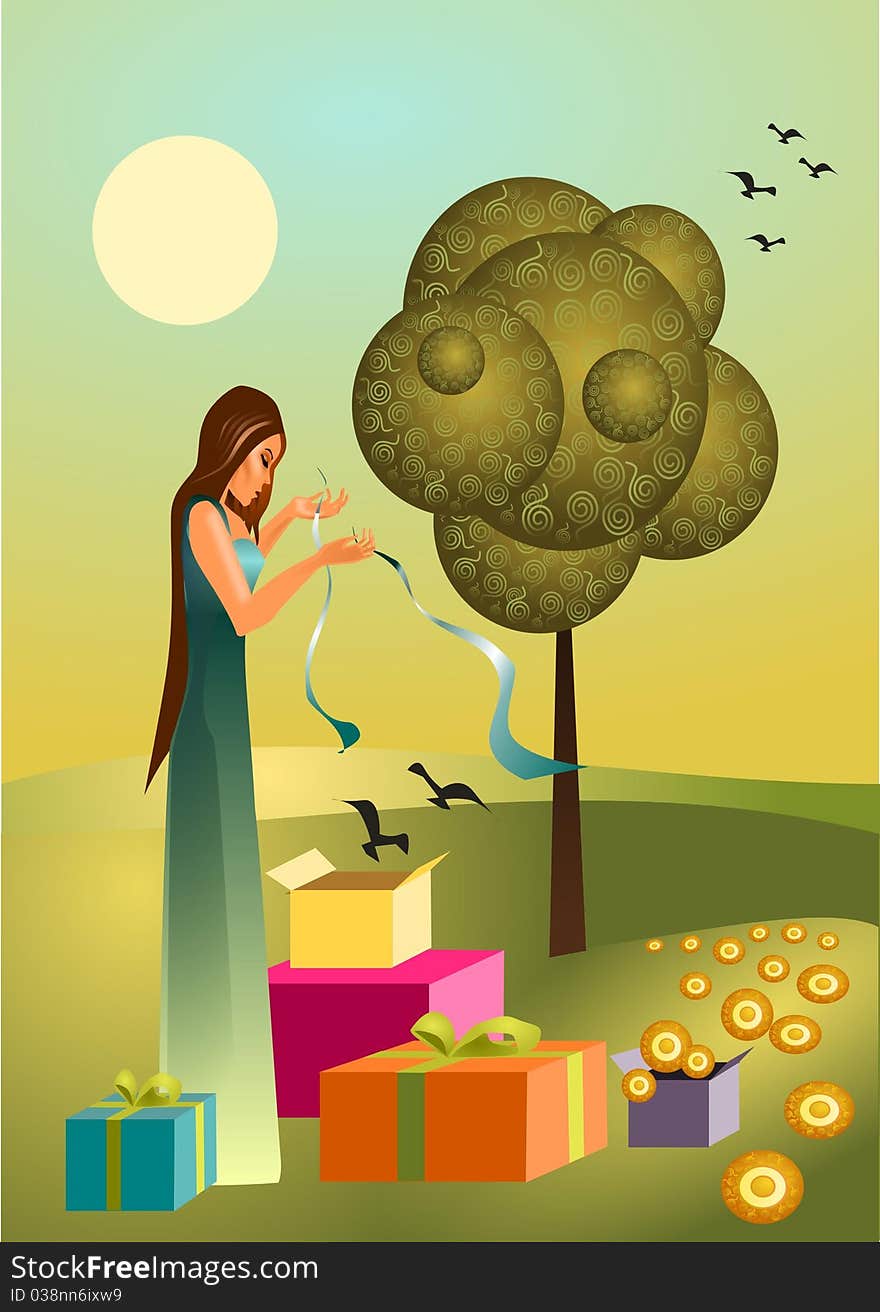 Illustration of a spring with spring gifts