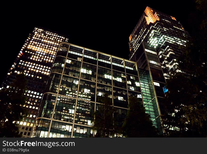 Canary Wharf at night. London, UK