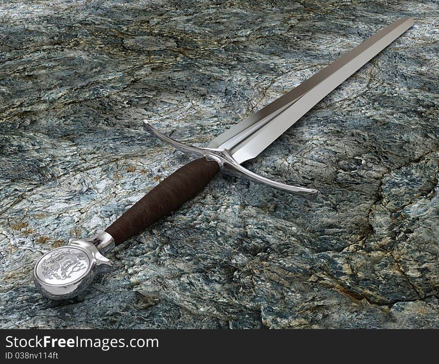 Very high resolution 3d rendering of a sword on a stone. Very high resolution 3d rendering of a sword on a stone