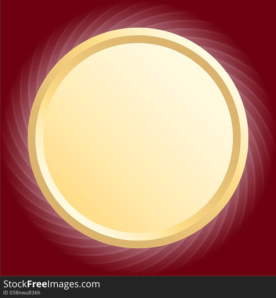 Gold round frame on a burgundy background with a spiral decoration.