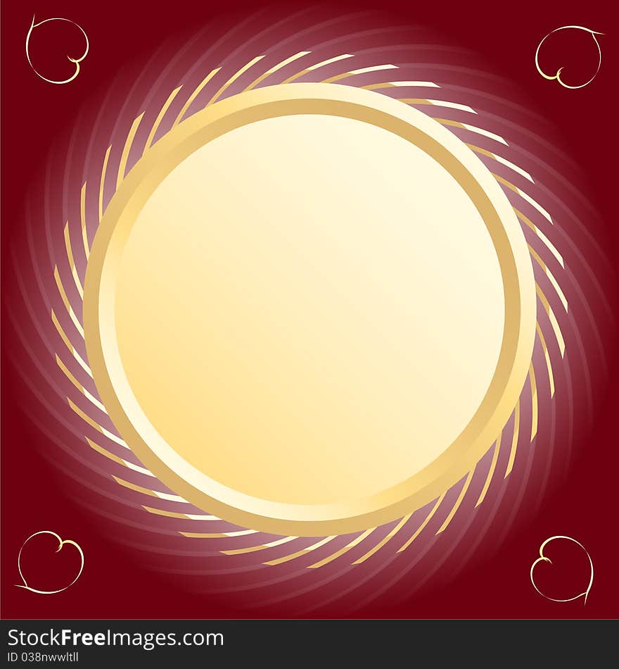 Gold round frame on a  burgundy background with a spiral decoration.