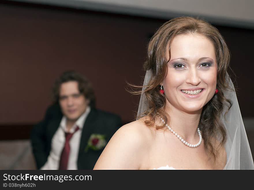 Smiling bride and groom