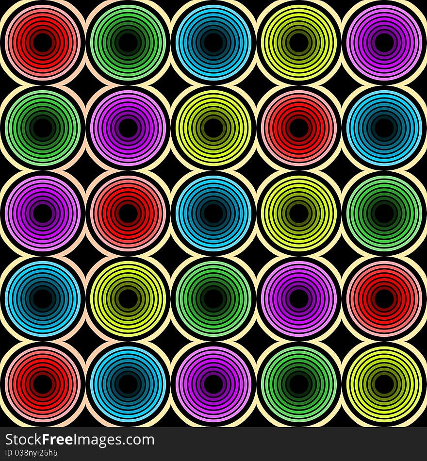 Vintage seamless tile pattern with circles and black background. Vintage seamless tile pattern with circles and black background.