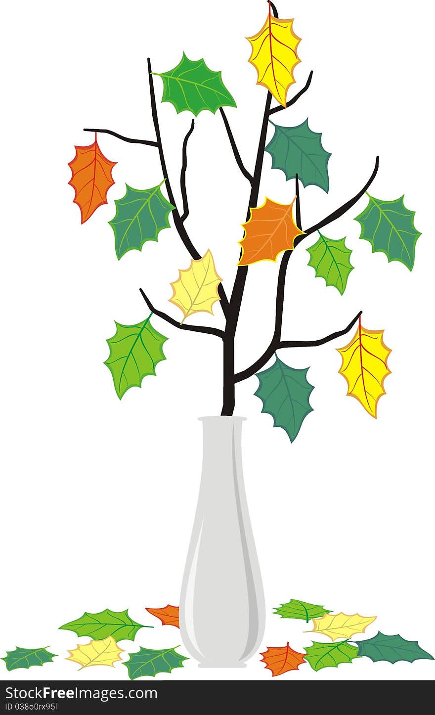 Vector isolated illustration - Autumn branch of the tree in an elegant white vase and fallen down leaves - cartoon style. Vector isolated illustration - Autumn branch of the tree in an elegant white vase and fallen down leaves - cartoon style