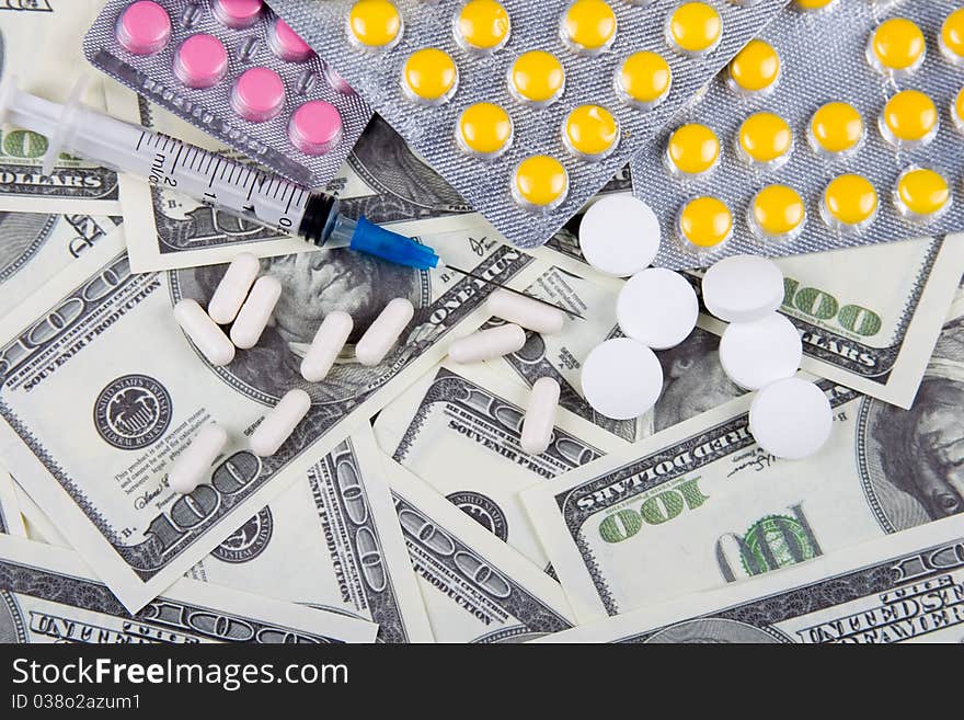 Money and pills, abstract business medical background