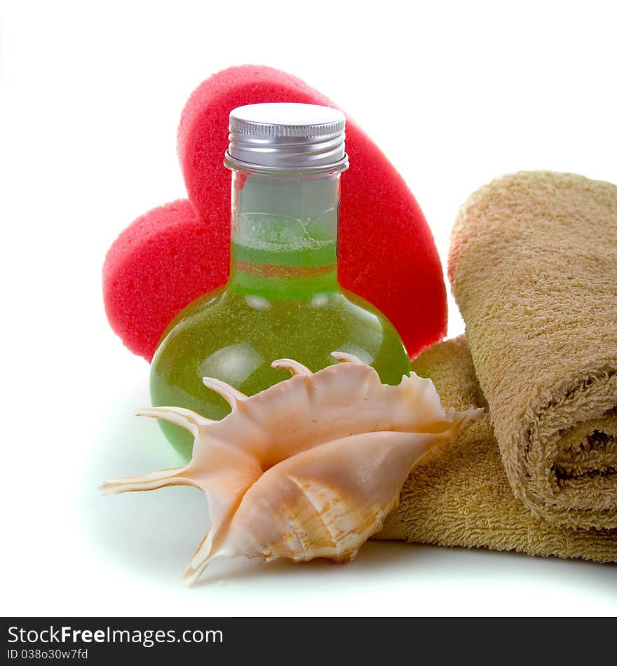 Spa still life with pink heart on white background