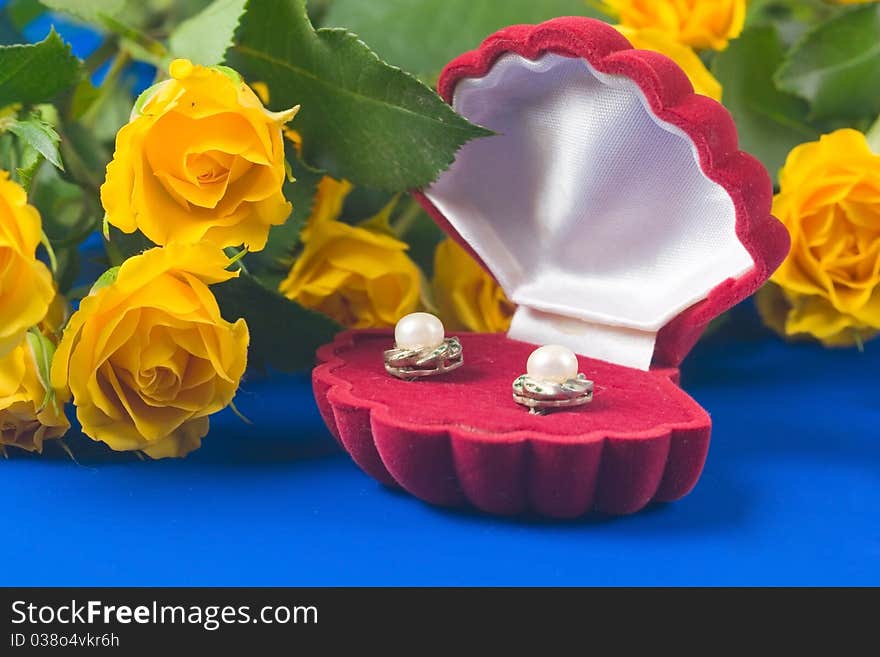 Beautiful yellow roses and box with a gift on a blue background