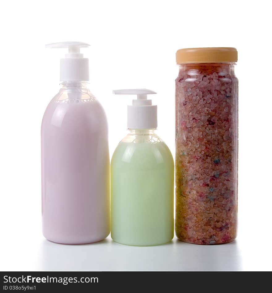 Bottles with liquid soap and sea salt