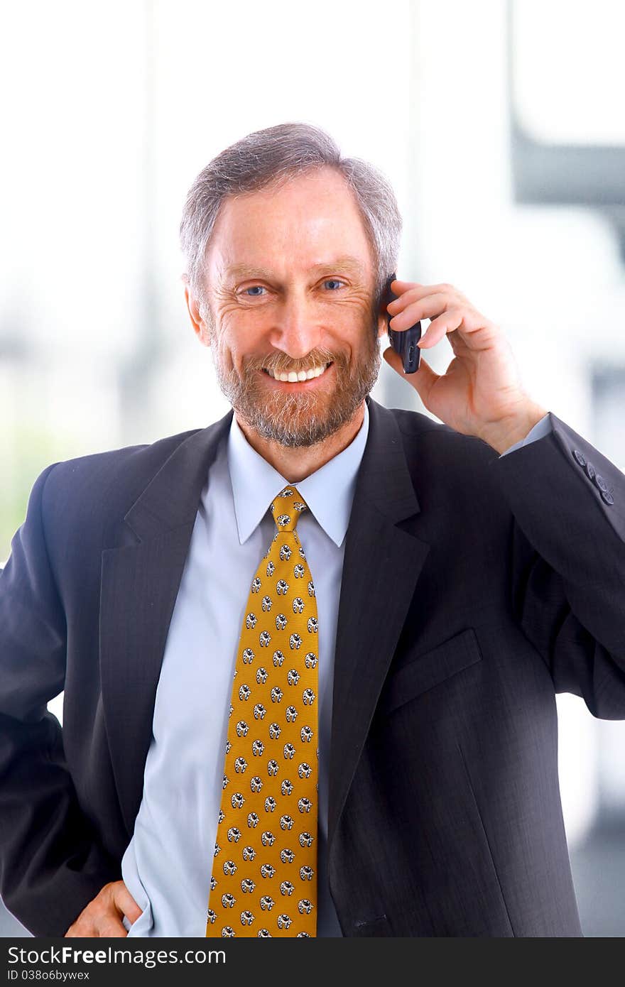 Closeup portrait of a handsome mature business man speaking on mobile phone