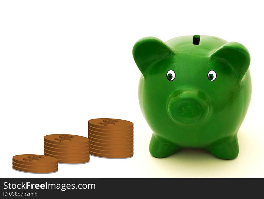 A green piggy bank with gold coins on a white background, Lots of money